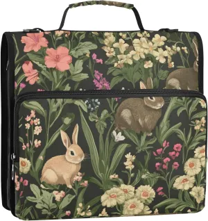 Bunny Rabbits Lawn Green Zipper Binder Bag, 1.5 inch 3 Ring Binder File Organizer Box with Shoulder Strap, Multi-Pocket, 500 Sheet Capacity