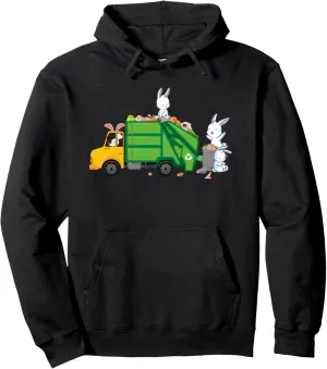 Bunny Riding Garbage Truck Funny Easter Kids Boys Girls Pullover Hoodie