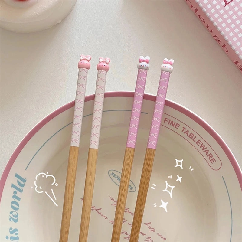 Bunny Love Chopsticks 🐇💕 - Whimsical Wooden Utensils for Sushi & Noodles - Fun for All Ages! 🍜🥢