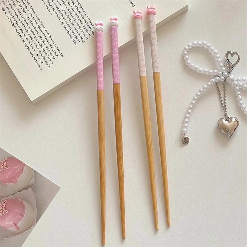 Bunny Love Chopsticks 🐇💕 - Whimsical Wooden Utensils for Sushi & Noodles - Fun for All Ages! 🍜🥢