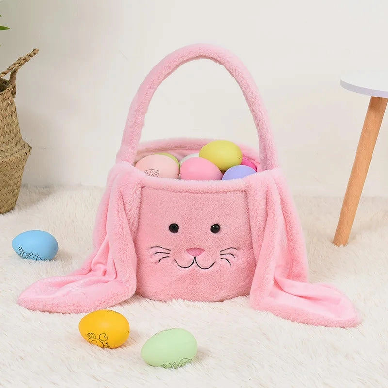 Bunny Storage Basket Large Capacity Portable Bunny Handbag Plush Easter Rabbit Storage Bag Candy Basket Household Supplies