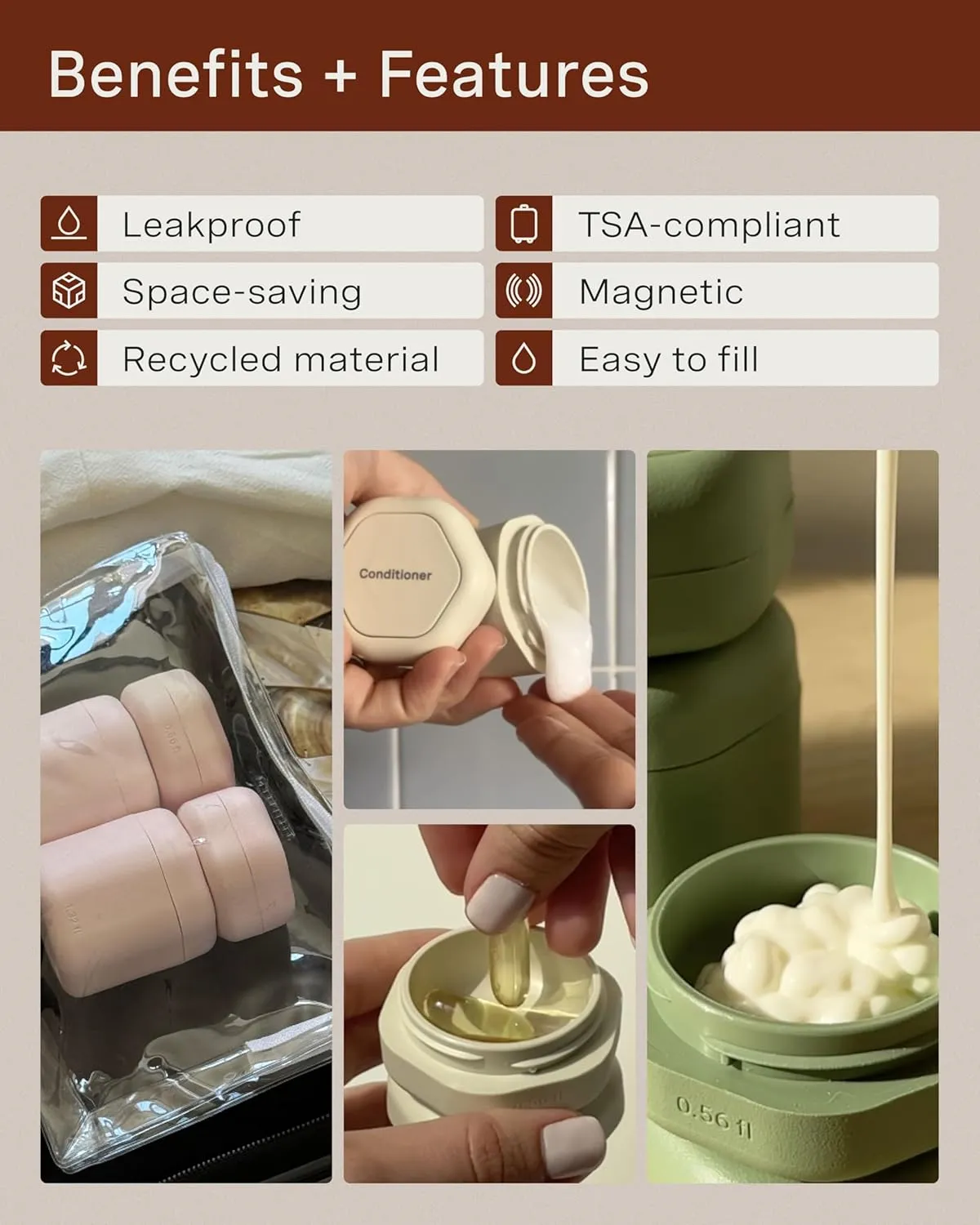 Cadence Travel Containers - Daily Routine Capsule Set - Magnetic Travel Capsules - For Shampoo, Conditioner, Body Wash, Pills, and More - 4 Flex Mediums (1.32oz) & 3 Flex Smalls (0.56oz) - Petal