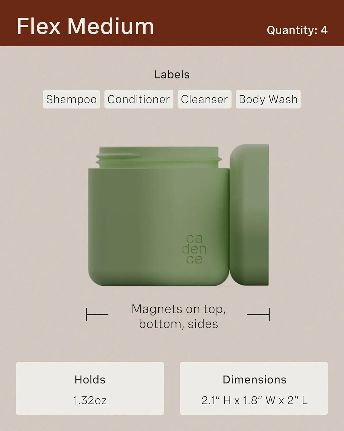 Cadence Travel Containers - Daily Routine Capsule Set - Magnetic Travel Capsules - For Shampoo, Conditioner, Body Wash, Pills, and More - 4 Flex Mediums (1.32oz) & 3 Flex Smalls (0.56oz) - Petal