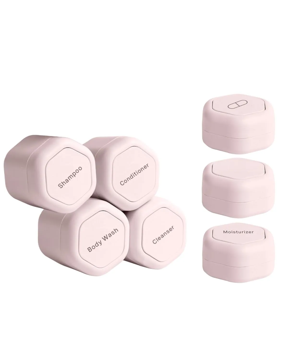 Cadence Travel Containers - Daily Routine Capsule Set - Magnetic Travel Capsules - For Shampoo, Conditioner, Body Wash, Pills, and More - 4 Flex Mediums (1.32oz) & 3 Flex Smalls (0.56oz) - Petal