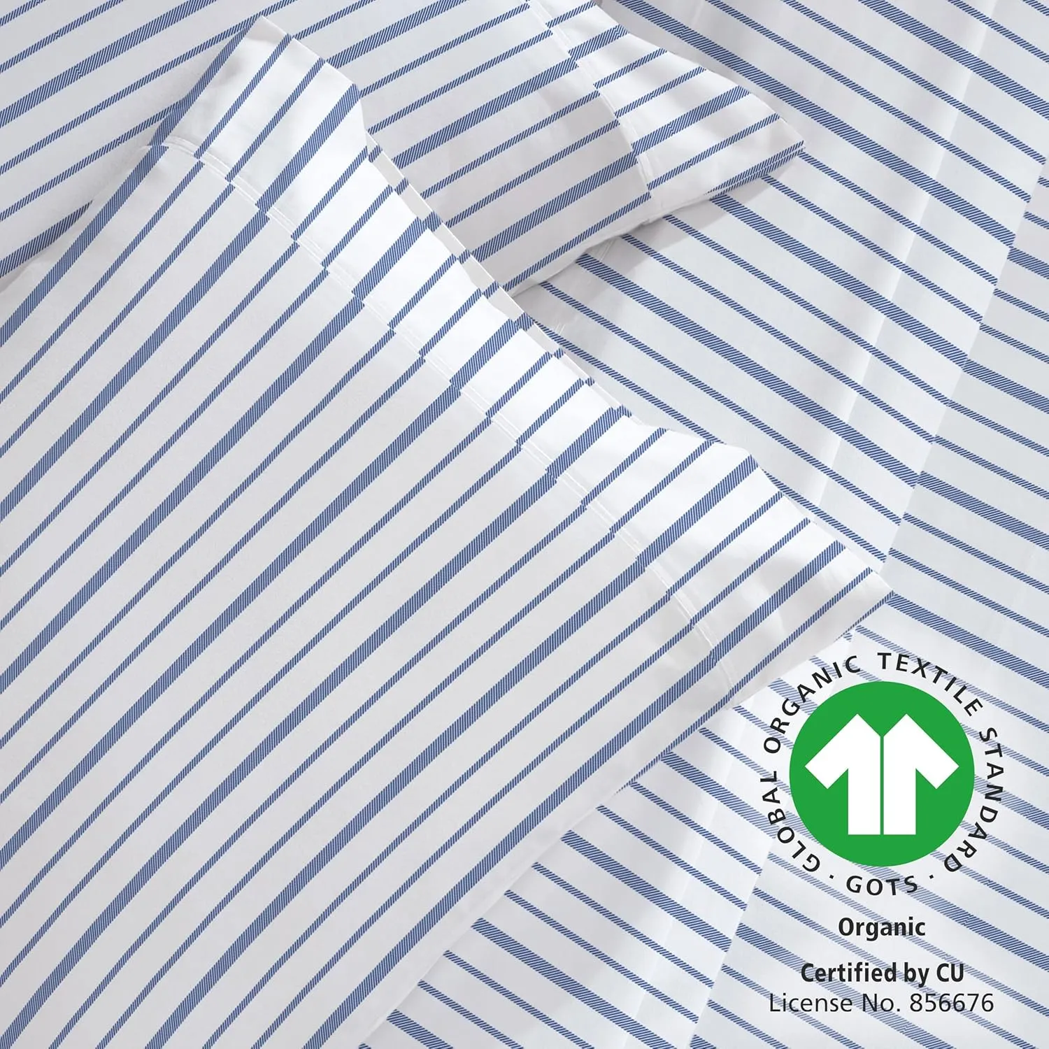 California Design Den King Bed Sheets Stripe, 100% Organic Cotton Percale Sheets, Deep Pocket King Sheets & Pillowcase Set - Blue Stripe
