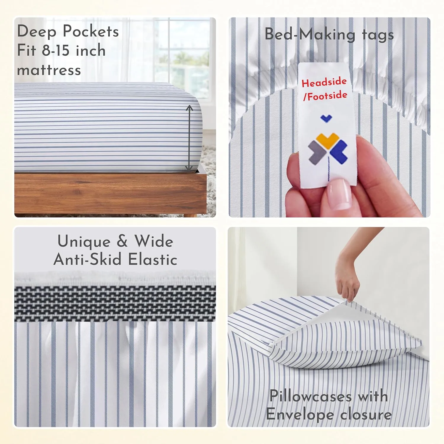 California Design Den King Bed Sheets Stripe, 100% Organic Cotton Percale Sheets, Deep Pocket King Sheets & Pillowcase Set - Blue Stripe