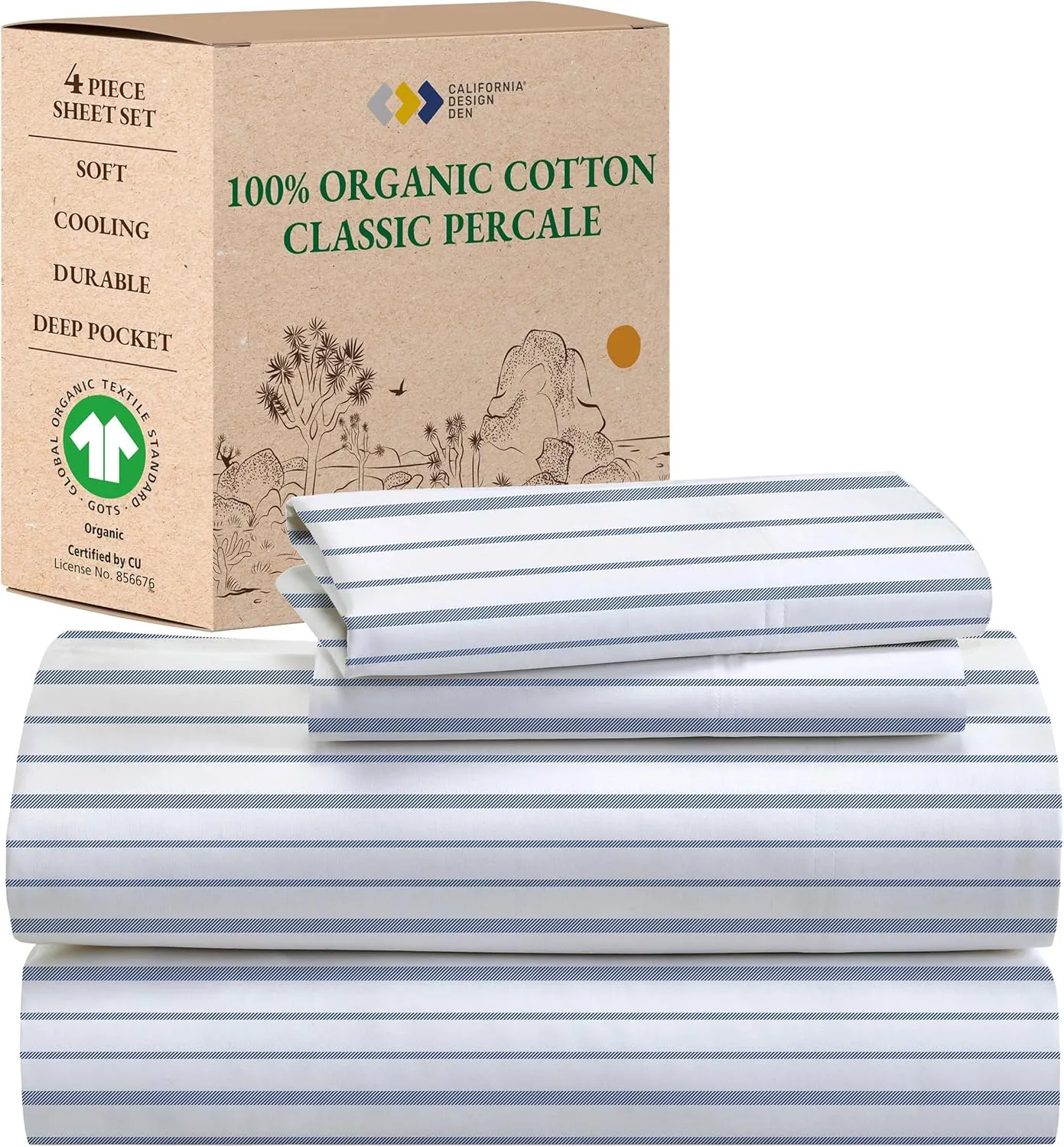 California Design Den King Bed Sheets Stripe, 100% Organic Cotton Percale Sheets, Deep Pocket King Sheets & Pillowcase Set - Blue Stripe