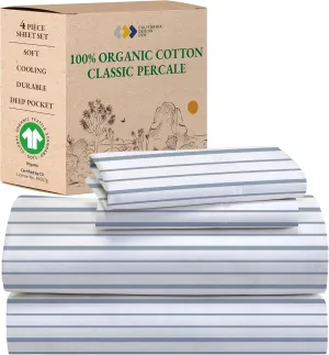 California Design Den King Bed Sheets Stripe, 100% Organic Cotton Percale Sheets, Deep Pocket King Sheets & Pillowcase Set - Blue Stripe
