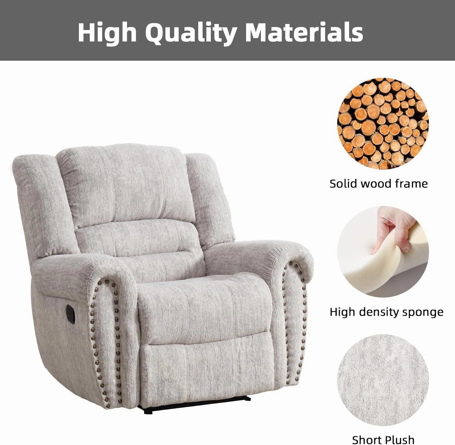 CANMOV Manual Recliner Chair, Classic and Traditional Manual Recliner Chair with Comfortable Arms and Back Single Sofa for Living Room, White Grey