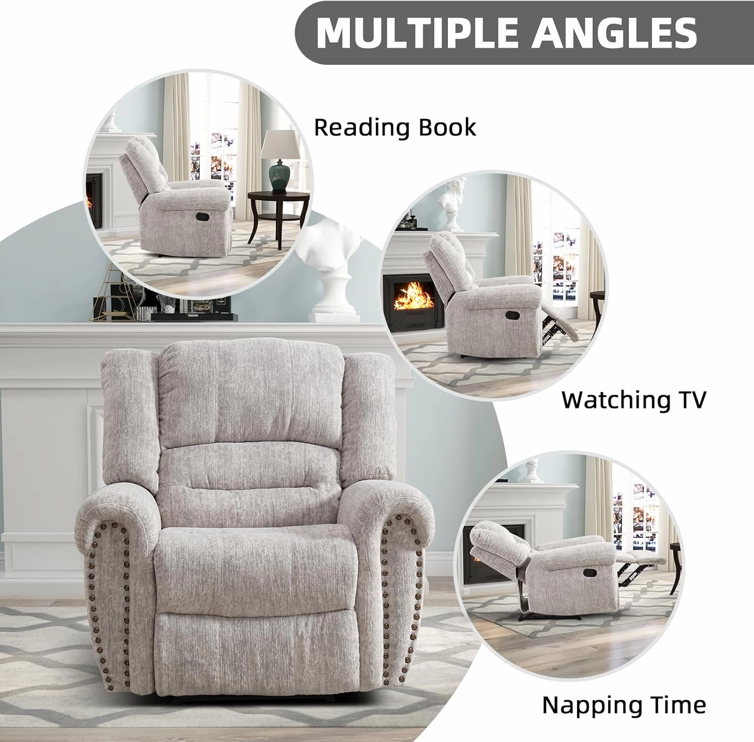 CANMOV Manual Recliner Chair, Classic and Traditional Manual Recliner Chair with Comfortable Arms and Back Single Sofa for Living Room, White Grey