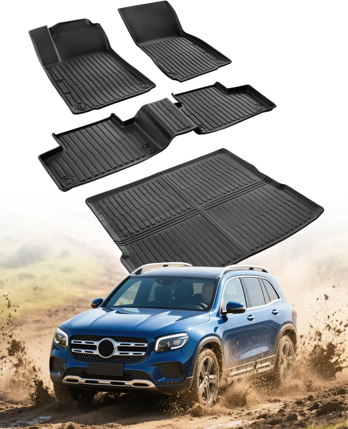 Car Floor Mats for Mercedes Benz GLB: 2020 2021 2022 2023 2024 2025 (Only for 5 Seats) All Weather Heavy Duty Liner Custom Fit Front Second Row Cargo Area Accessories Full Set Rubber Carpet Black