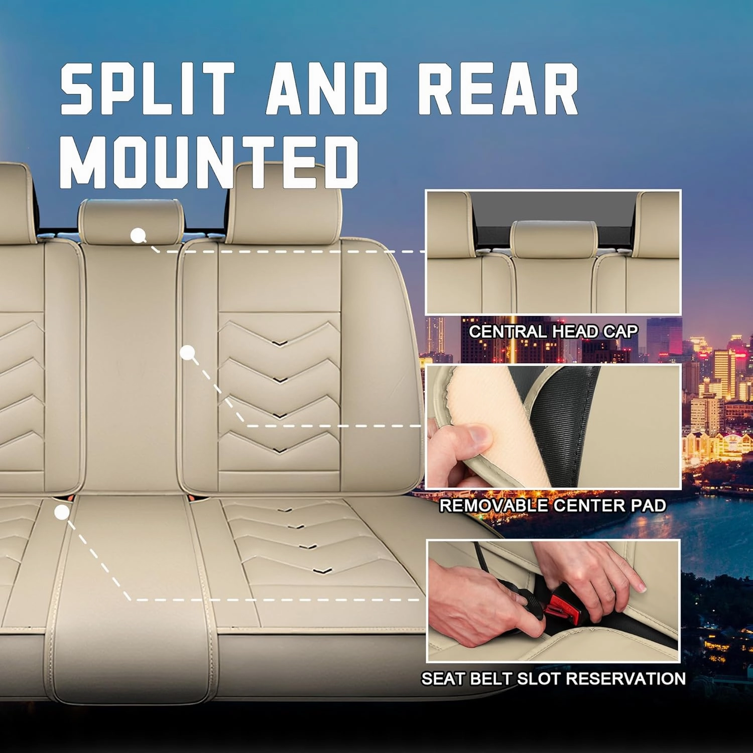 Car Seat Covers in The Back Row, Stylish Sport Seat Cover, Premium Nappa Leather Car Seat Cover. Automobile Seat Covers Sets.(Beige)