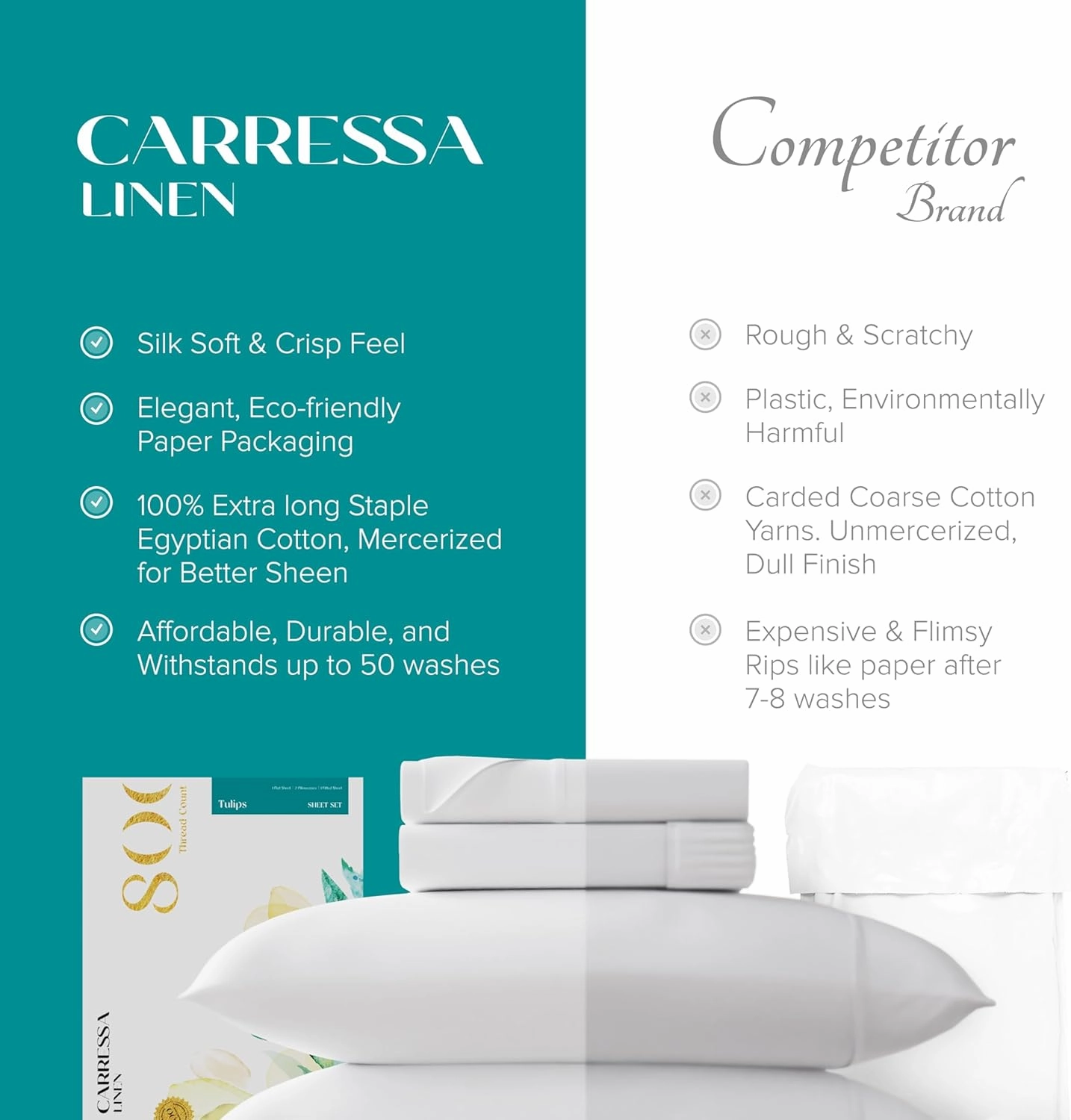 Carressa Linen 100% Egyptian Cotton Sheets Queen Size - 800 Thread Count 4 PC Cotton Sheets for Queen Size Bed, Soft, Extra Long Staple Cooling Sheets, Luxury Hotel Sheets, 16" Deep Pocket - Sand