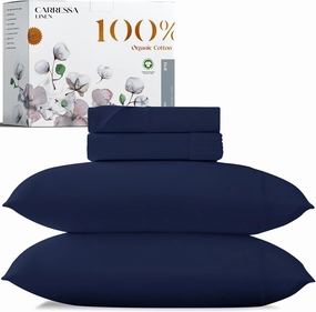 Carressa Linen 100% Organic Cotton Full Size Bed Sheets - Soft & Crisp Organic Cotton Sheet Set Full Size, 4 PC Sateen Weave Sheets and Pillowcases, Organic Cotton Sheets 16" Deep Pocket - Navy Blue