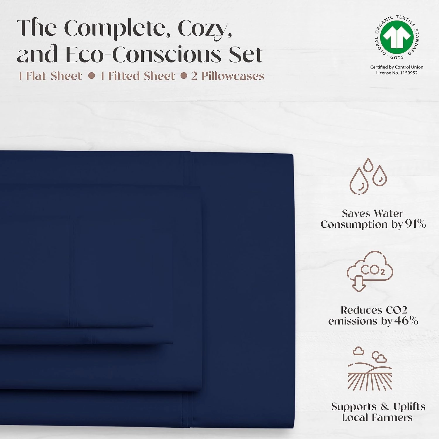 Carressa Linen 100% Organic Cotton Full Size Bed Sheets - Soft & Crisp Organic Cotton Sheet Set Full Size, 4 PC Sateen Weave Sheets and Pillowcases, Organic Cotton Sheets 16" Deep Pocket - Navy Blue