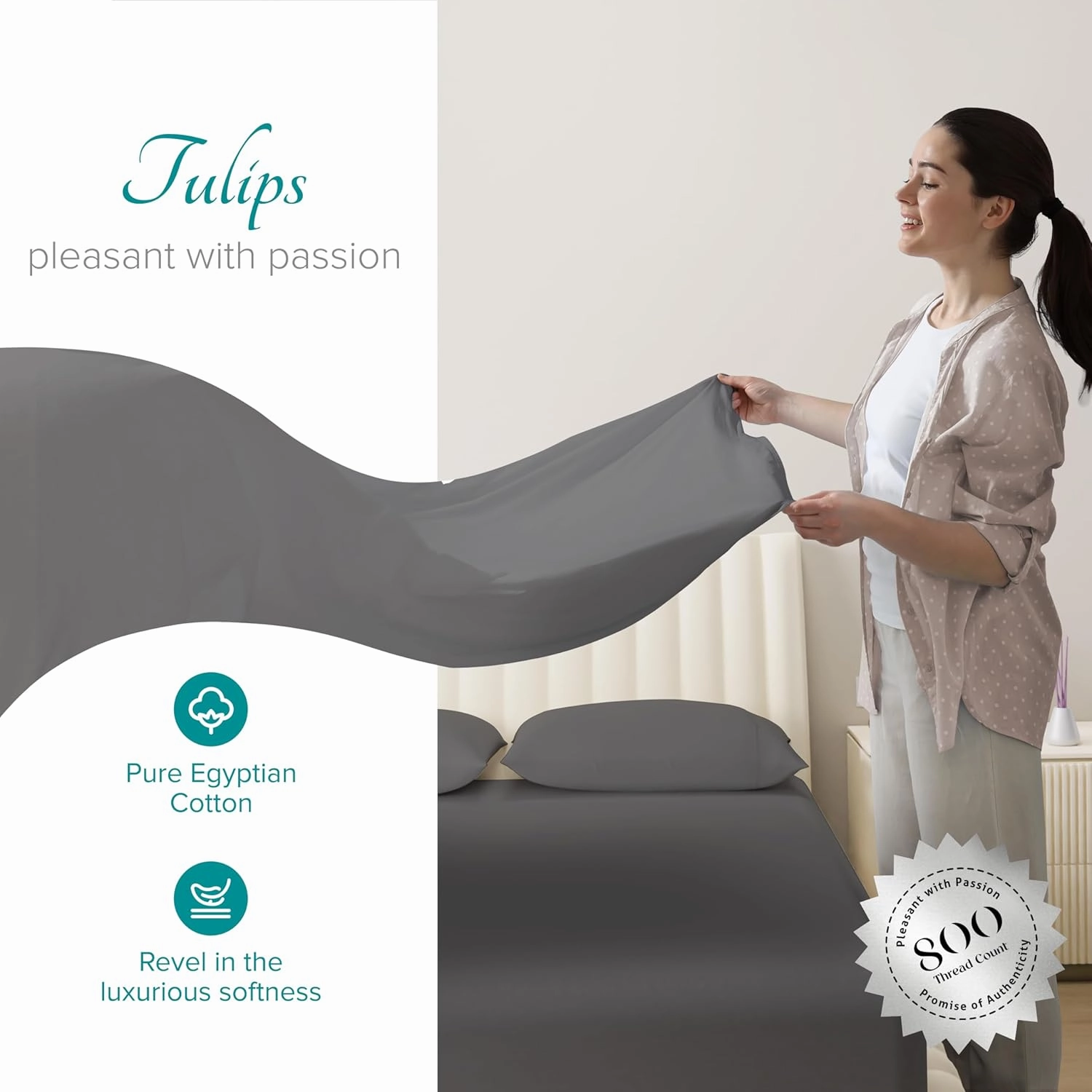 Carressa Linen Egyptian Cotton Sheet Set - 800 TC 4 PC Graphite Grey Queen Bedsheet for Queen Size Bed, Sateen Weave Luxury Hotel Sheets, Soft Cooling Sheets, 16" Deep Pocket (Fits Upto 18" Mattress)