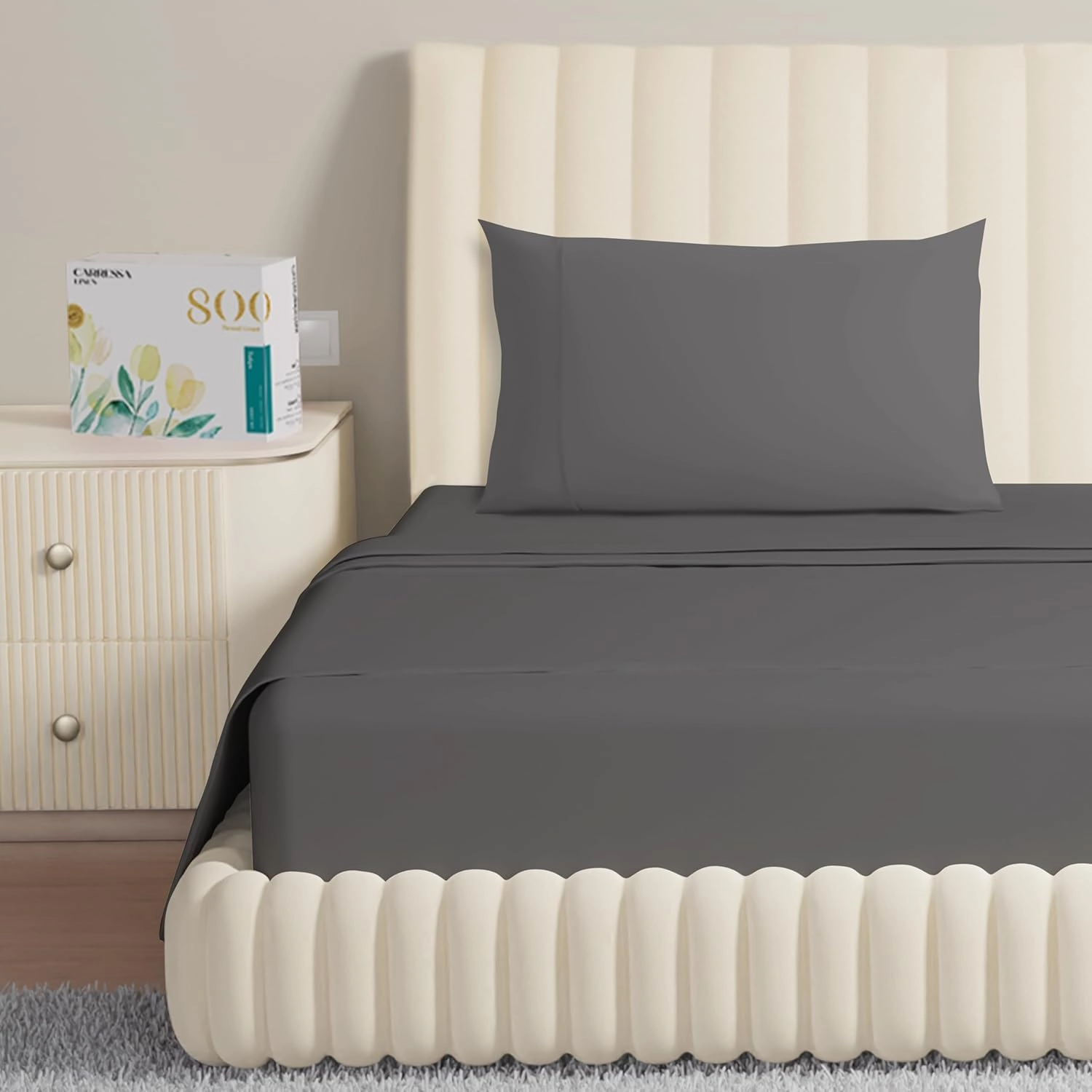 Carressa Linen Egyptian Cotton Sheet Set - 800 TC 4 PC Graphite Grey Queen Bedsheet for Queen Size Bed, Sateen Weave Luxury Hotel Sheets, Soft Cooling Sheets, 16" Deep Pocket (Fits Upto 18" Mattress)