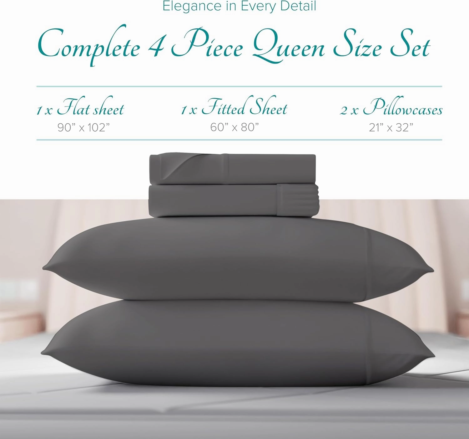 Carressa Linen Egyptian Cotton Sheet Set - 800 TC 4 PC Graphite Grey Queen Bedsheet for Queen Size Bed, Sateen Weave Luxury Hotel Sheets, Soft Cooling Sheets, 16" Deep Pocket (Fits Upto 18" Mattress)