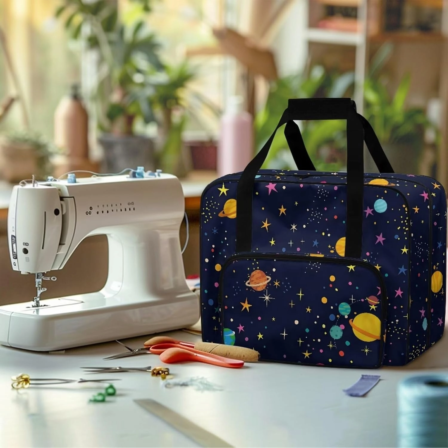 Cartoon Planet Sewing Machine Bag Protector Travel Bag Organizer, Sewing Machine Carrier with Pockets and Handles, Portable Sewing Case Fits for Most Standard Sewing Machines