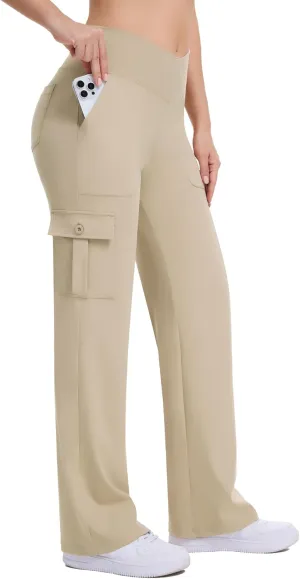 Casei Yoga Pants with Pockets for Women Wide Leg Cargo Pants High Waist Crossover Stretch Work Travel Casual Sweatpants