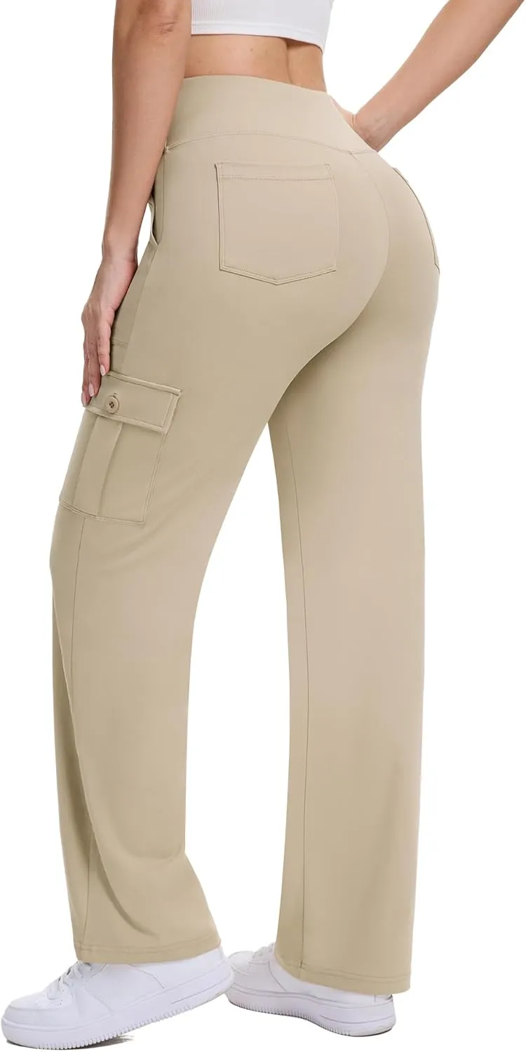 Casei Yoga Pants with Pockets for Women Wide Leg Cargo Pants High Waist Crossover Stretch Work Travel Casual Sweatpants