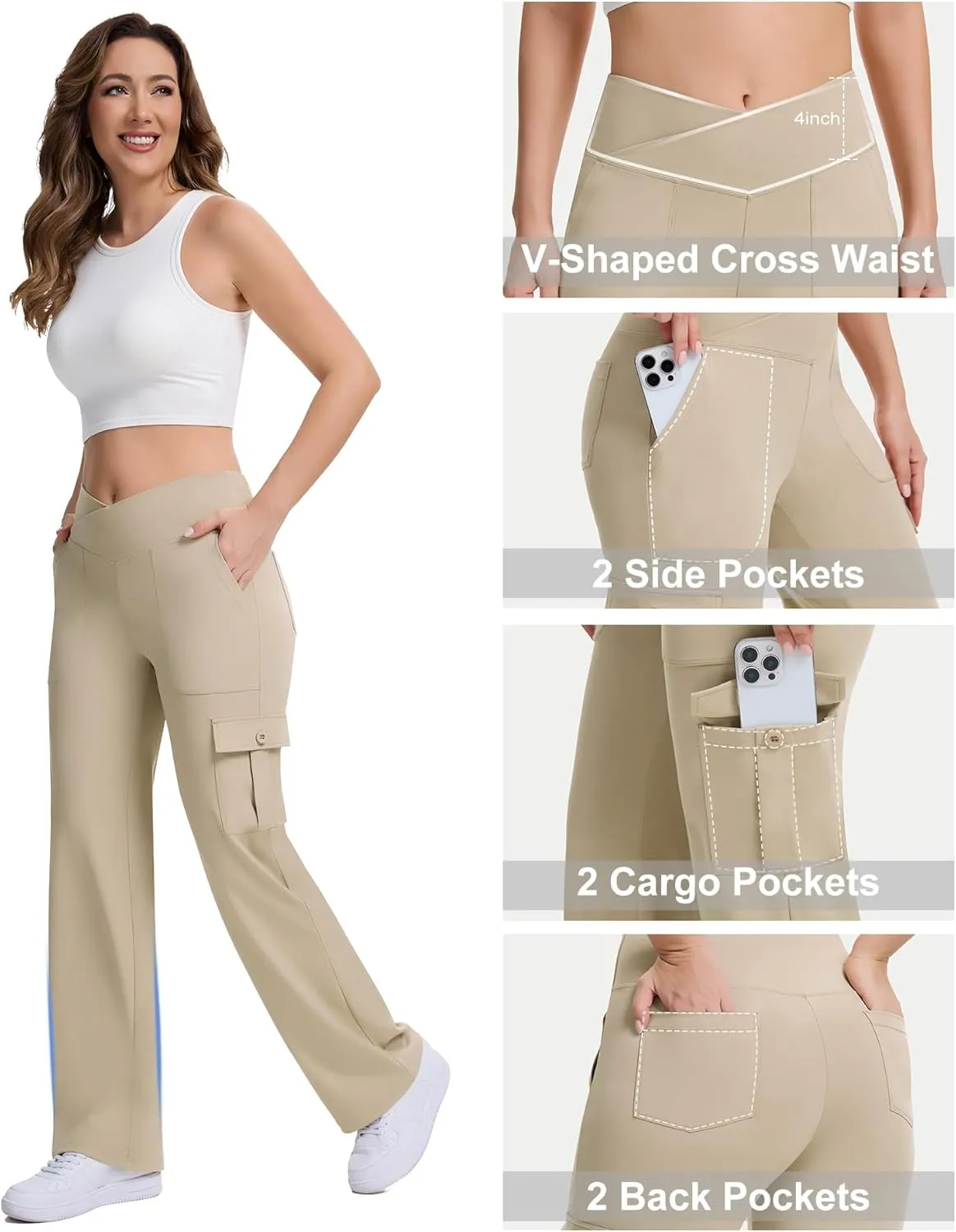 Casei Yoga Pants with Pockets for Women Wide Leg Cargo Pants High Waist Crossover Stretch Work Travel Casual Sweatpants