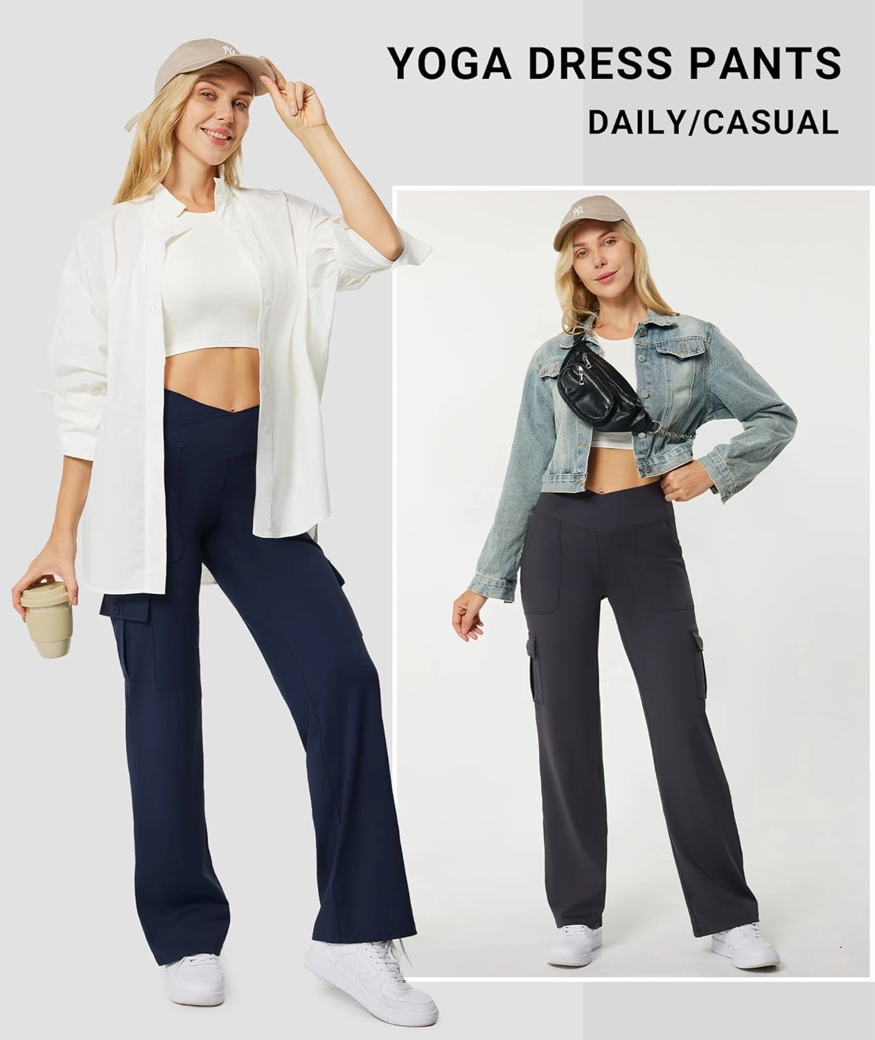 Casei Yoga Pants with Pockets for Women Wide Leg Cargo Pants High Waist Crossover Stretch Work Travel Casual Sweatpants