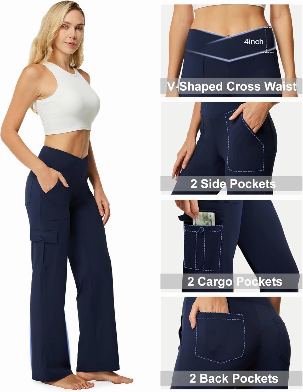 Casei Yoga Pants with Pockets for Women Wide Leg Cargo Pants High Waist Crossover Stretch Work Travel Casual Sweatpants