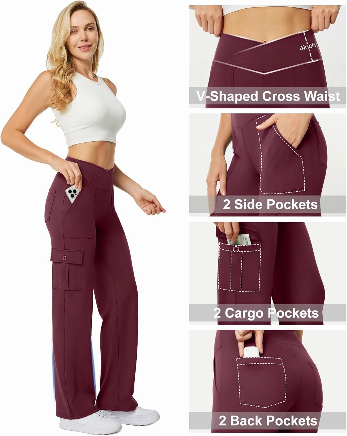 Casei Yoga Pants with Pockets for Women Wide Leg Cargo Pants High Waist Crossover Stretch Work Travel Casual Sweatpants