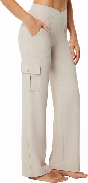 Casei Yoga Pants with Pockets for Women Wide Leg Cargo Pants High Waist Crossover Stretch Work Travel Casual Sweatpants