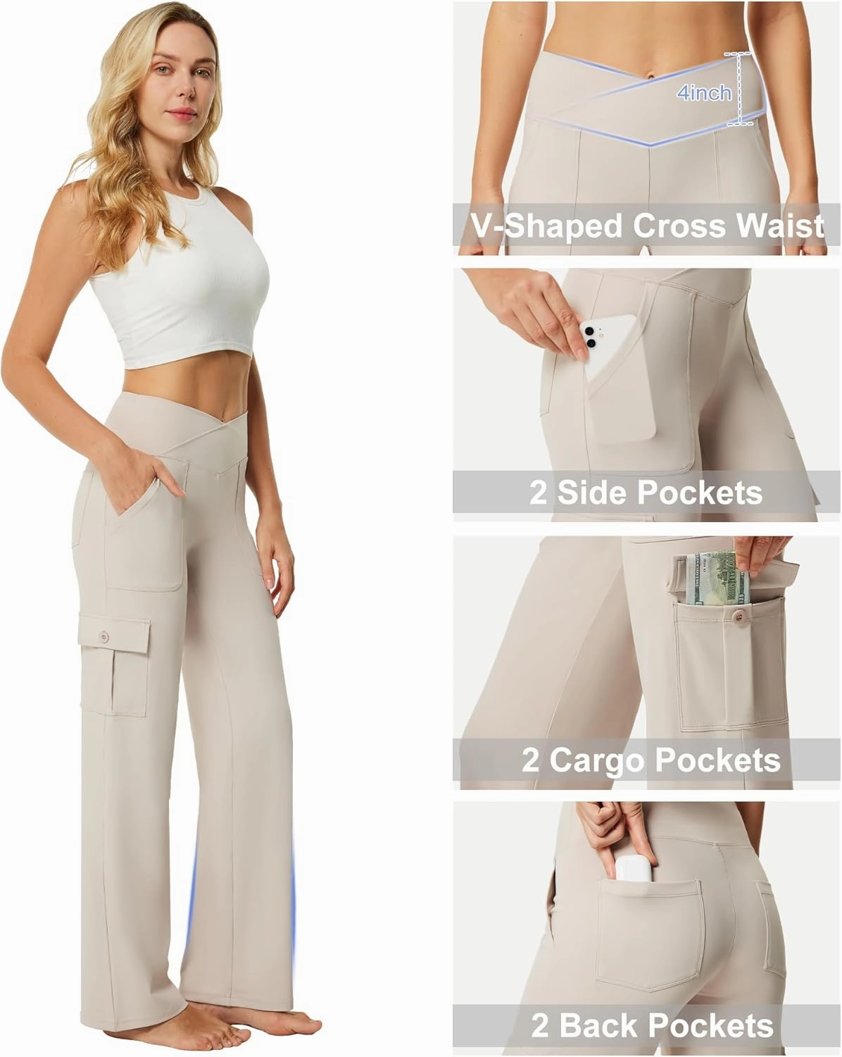 Casei Yoga Pants with Pockets for Women Wide Leg Cargo Pants High Waist Crossover Stretch Work Travel Casual Sweatpants