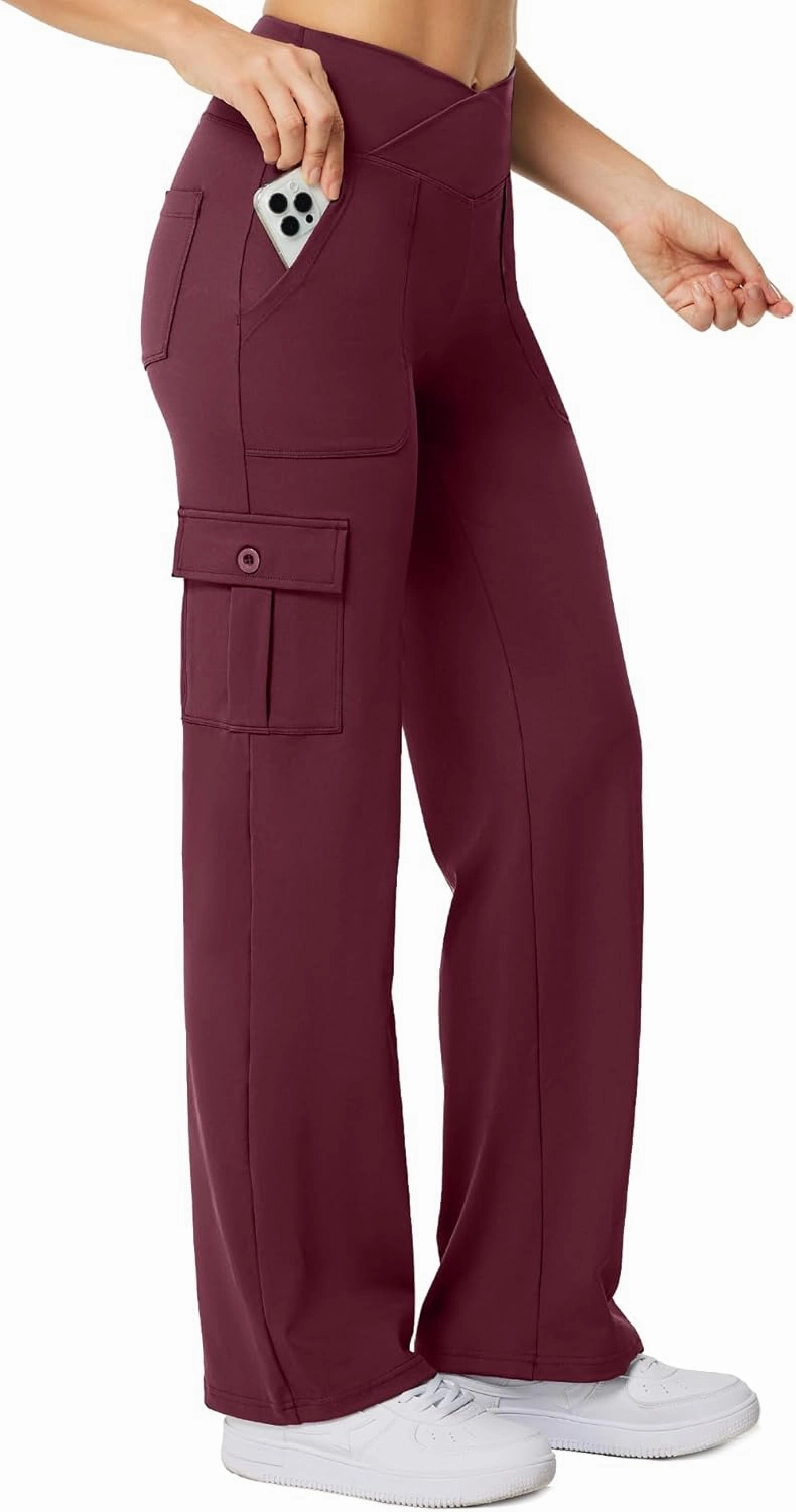 Casei Yoga Pants with Pockets for Women Wide Leg Cargo Pants High Waist Crossover Stretch Work Travel Casual Sweatpants