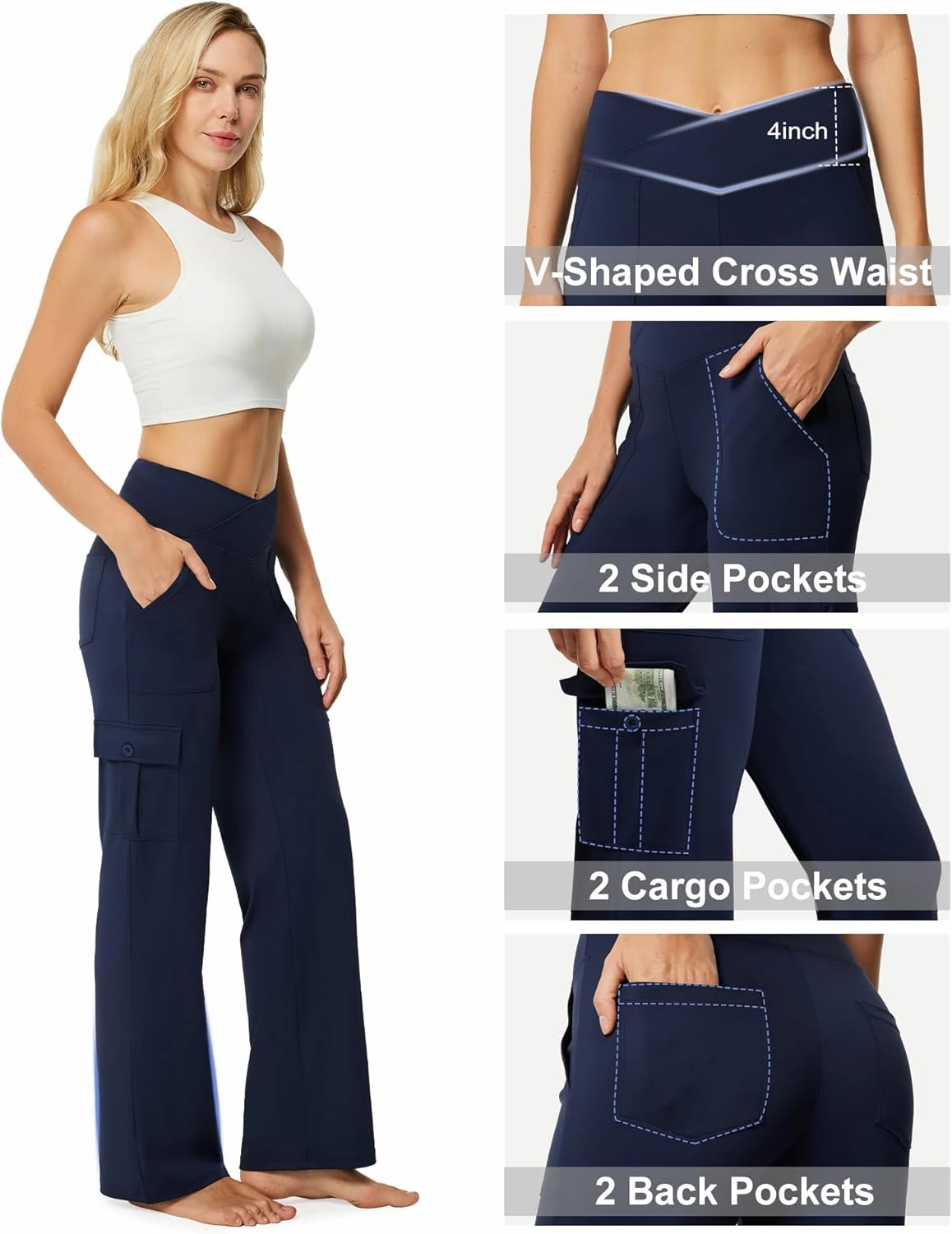 Casei Yoga Pants with Pockets for Women Wide Leg Cargo Pants High Waist Crossover Stretch Work Travel Casual Sweatpants