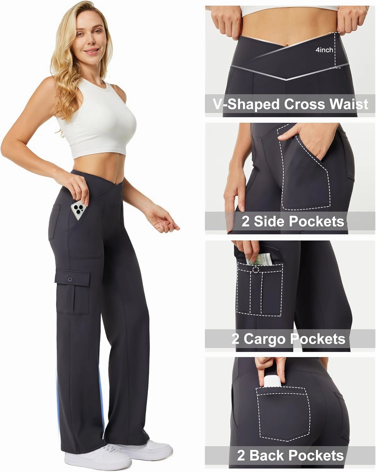 Casei Yoga Pants with Pockets for Women Wide Leg Cargo Pants High Waist Crossover Stretch Work Travel Casual Sweatpants