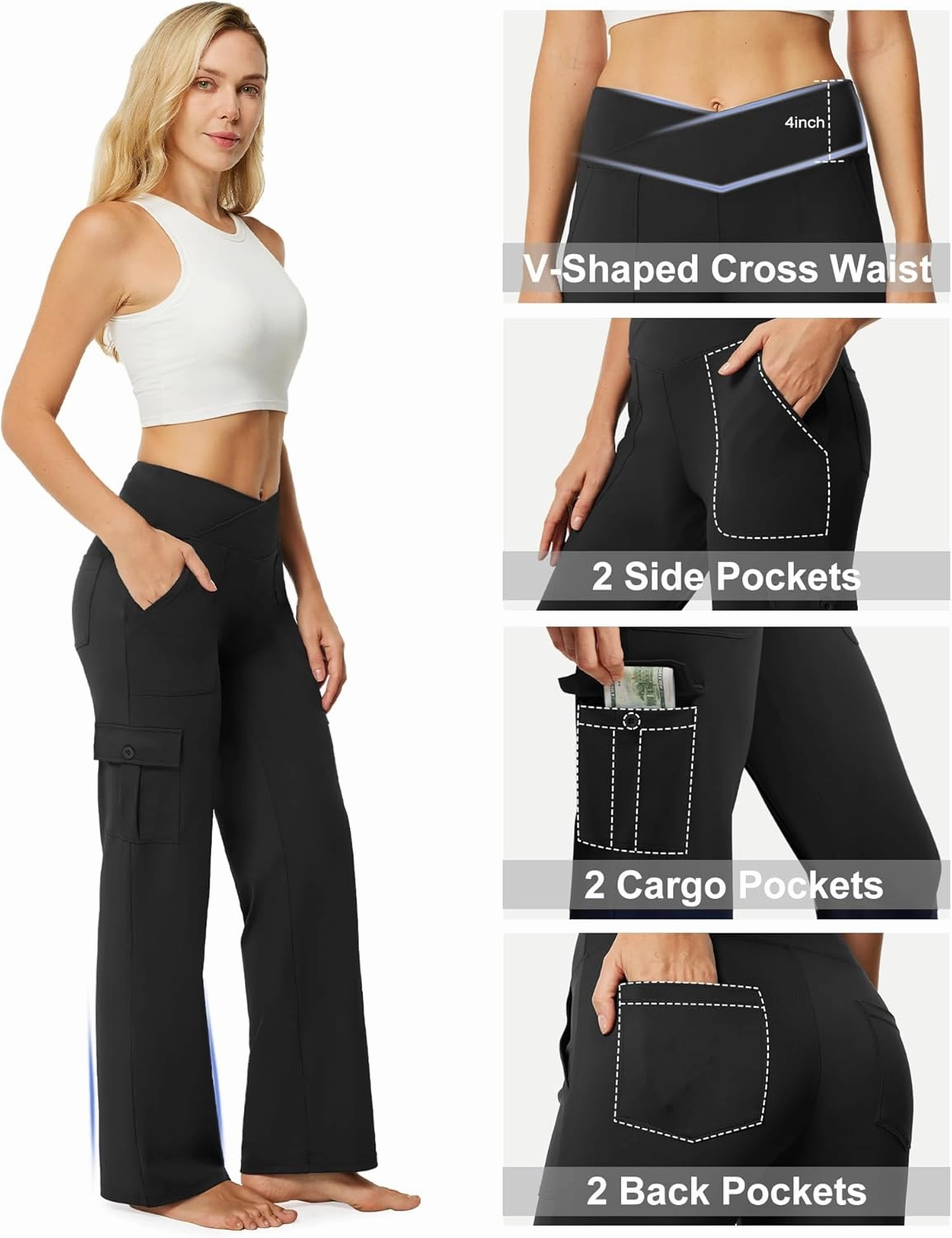 Casei Yoga Pants with Pockets for Women Wide Leg Cargo Pants High Waist Crossover Stretch Work Travel Casual Sweatpants