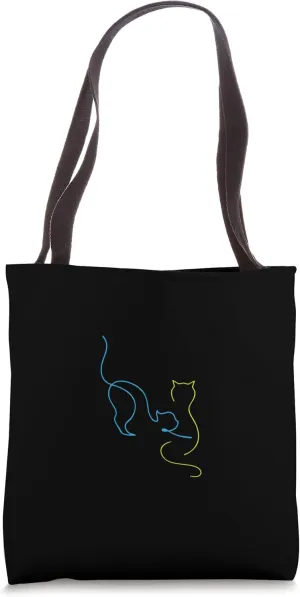 Cat Line Art Minimalist Cat Lover Simple Blue And Yellow Art Tote Bag