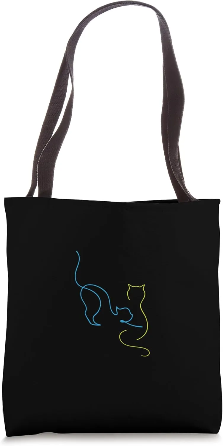 Cat Line Art Minimalist Cat Lover Simple Blue And Yellow Art Tote Bag