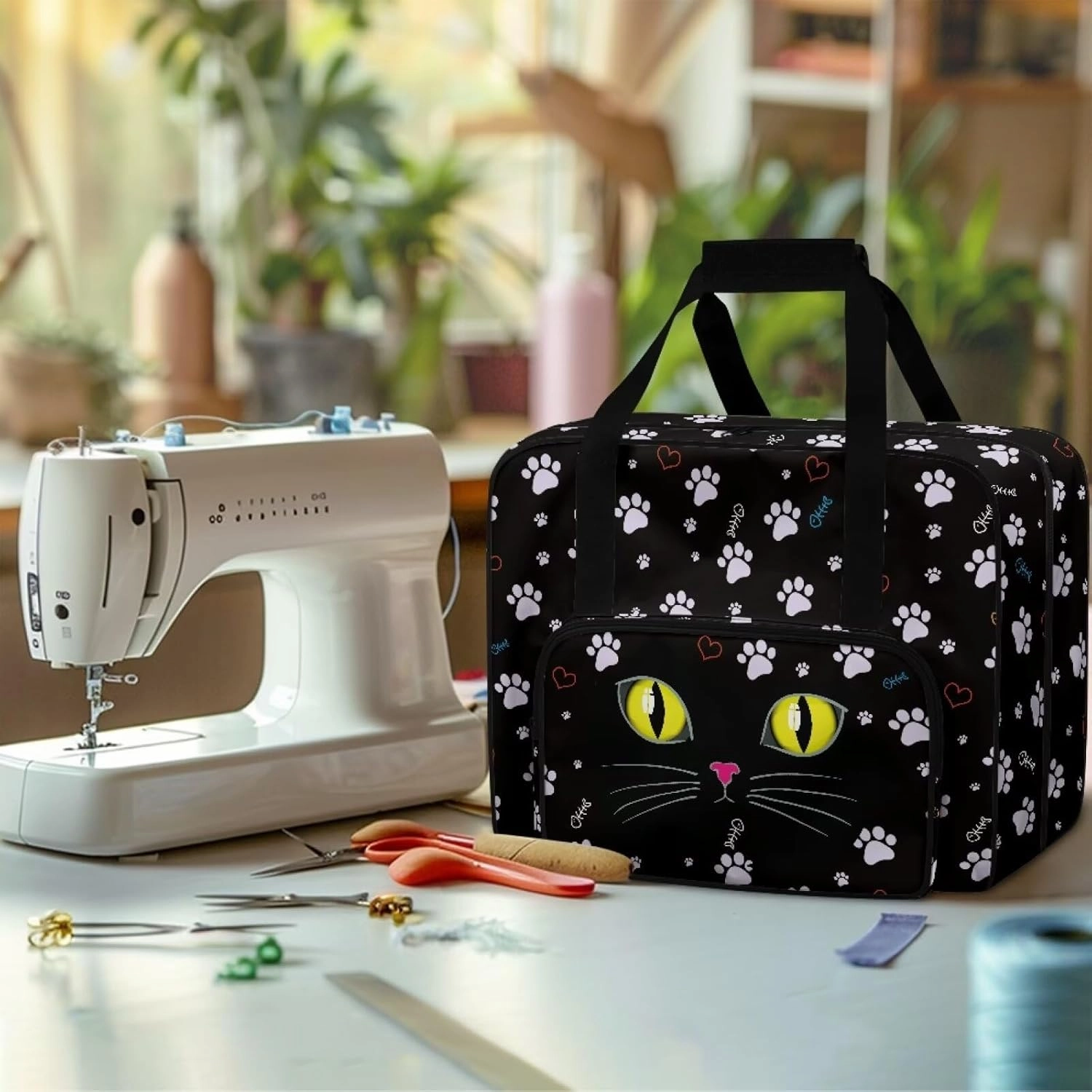 Cat Paws Sewing Machine Handbag Two Way Zipper Carrying Travel Storage Carrier Sewing Bag with Handle Sewing Box Storage Bag Compatible with Most Standard Singer, Brother
