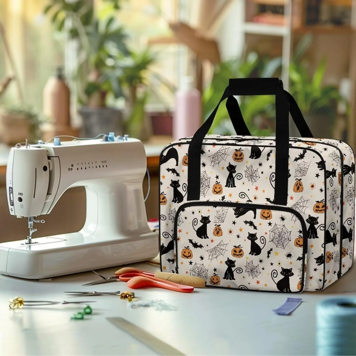 Cats Cobweb Sewing Machine Tote Bag Sewing Machine Carrying Case with Multiple Storage Pockets Handbag Sewing Accessories Tote Carrier for Notions & Crafts, Halloween Decor