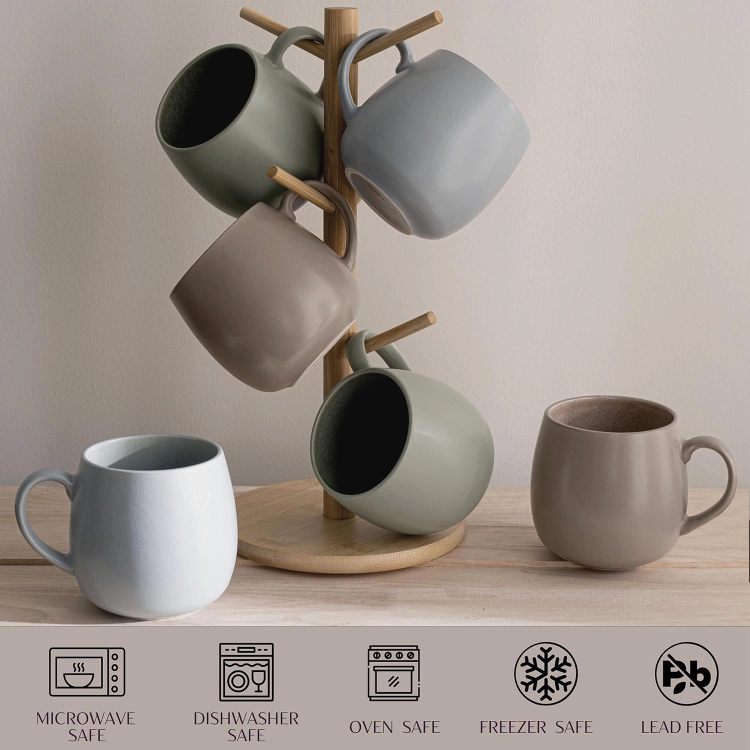 Ceramic Coffee Mugs Set of 6, 14oz - Modern Scandinavian Aesthetic Large Cup- Microwavable Stoneware Coffee Cups with Comfortable Handle - Tea Mug Set for Latte, Cappuccino, Soup - Taupe