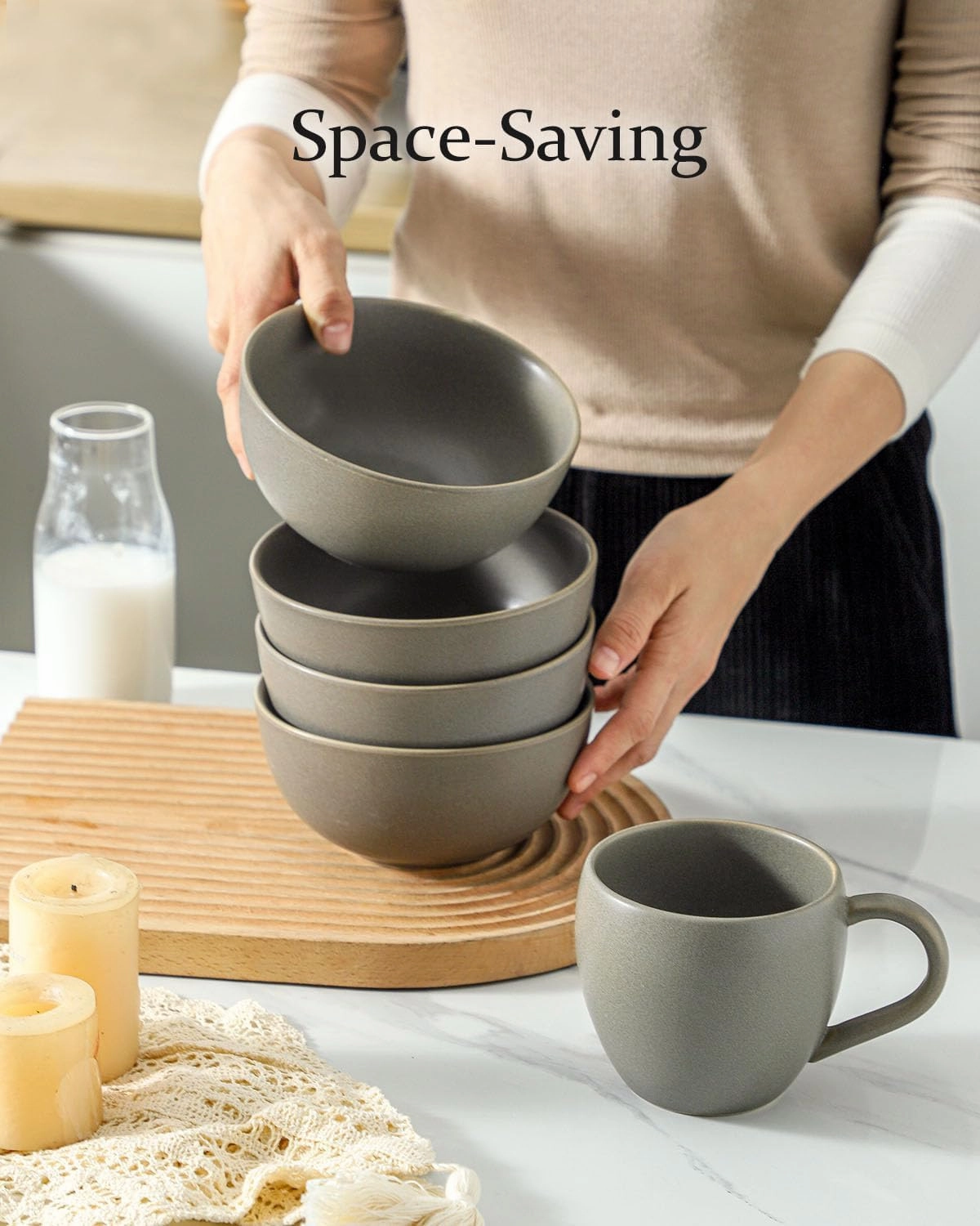 Cereal Bowls Set of 4, 24 oz Ceramic Bowls for Kitchen, Stoneware Soup Bowls for Salad, Ramen, Snack, Dessert, Unique Housewarming Gift, Dishwasher Microwave Safe, Matte Gray
