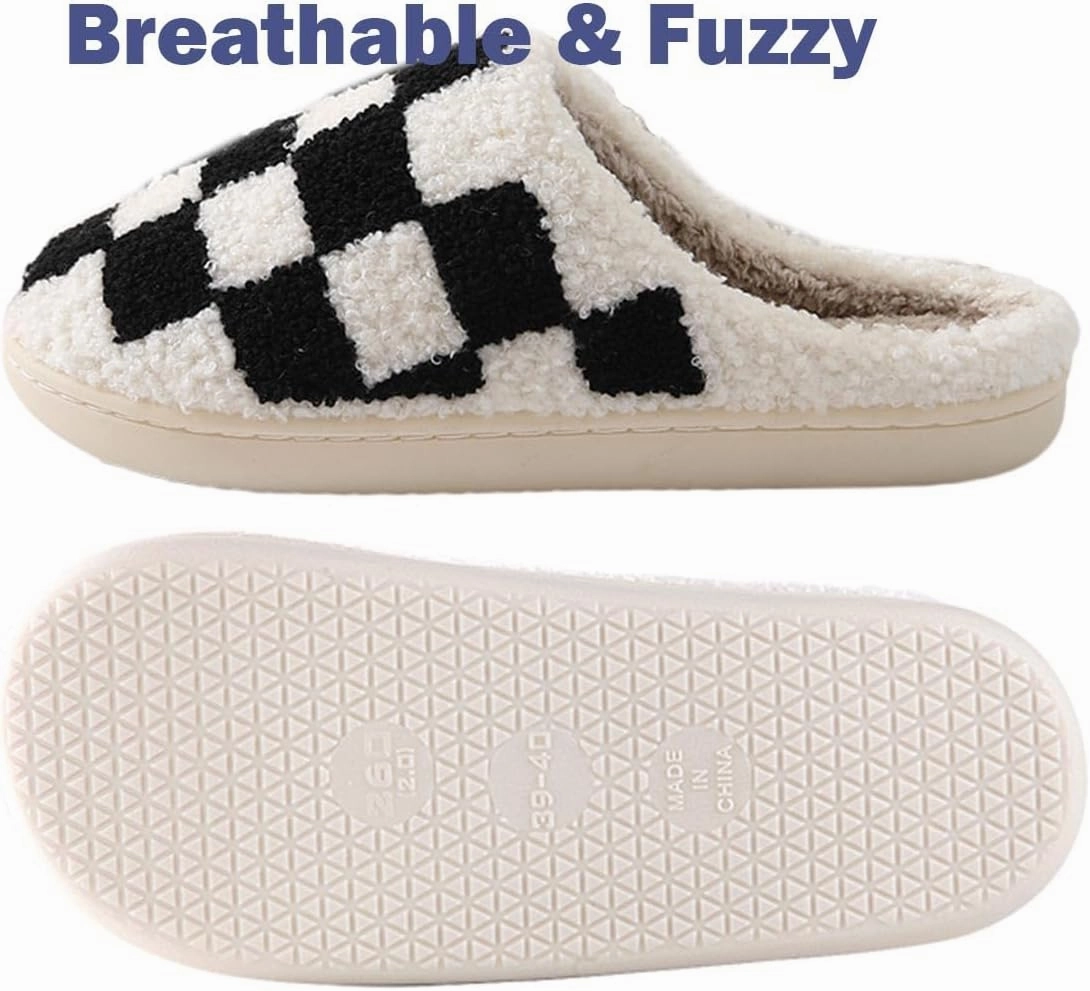 Checkered Slippers - Men & Women's Funny, Fluffy House & Outdoor Shoes - Memory Foam, Warm, Plush Bedroom Slippers for Winter