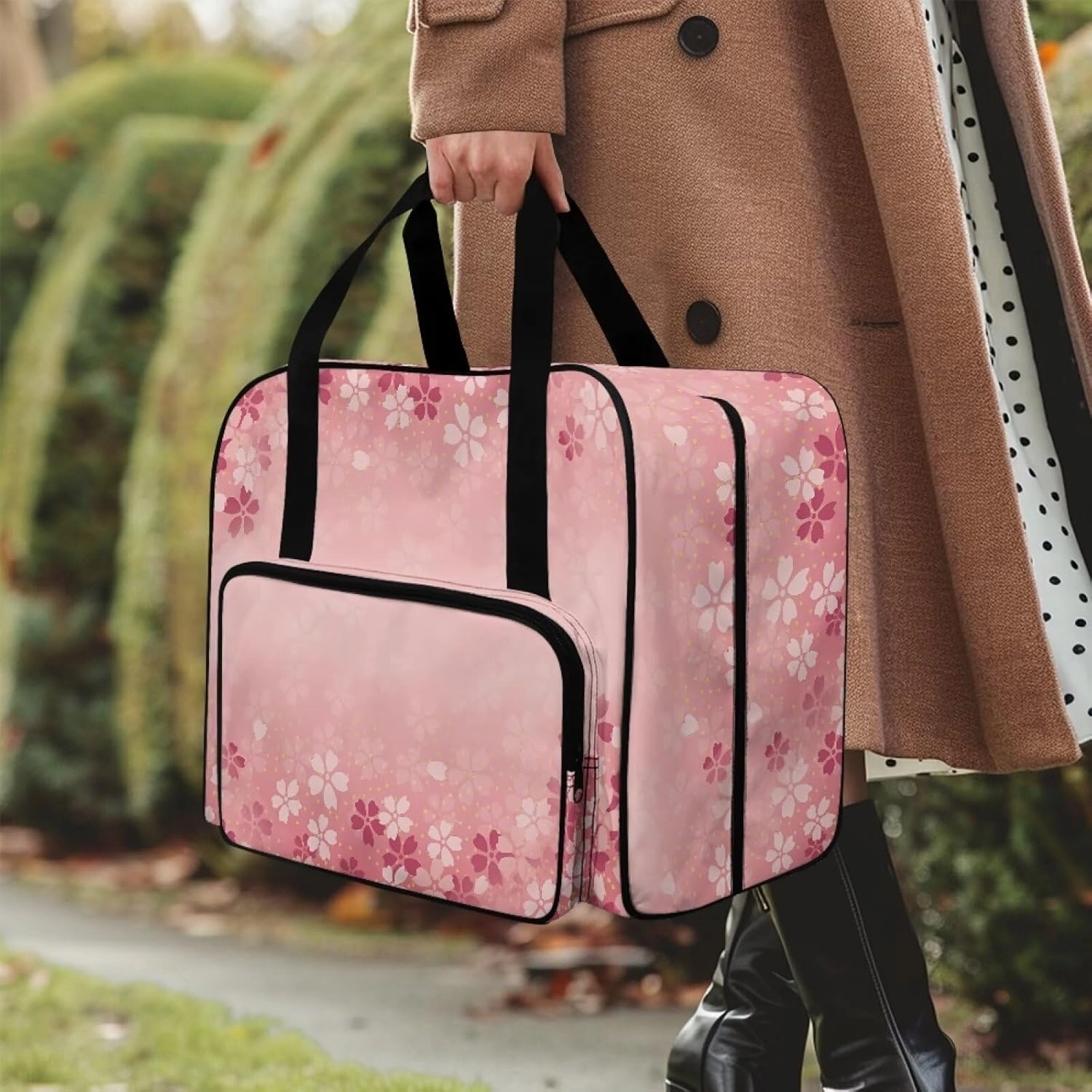 Cherry Blossom Sewing Machine Handbag Two Way Zipper Carrying Travel Storage Carrier Sewing Bag with Handle Sewing Box Storage Bag Compatible with Most Standard Singer, Brother