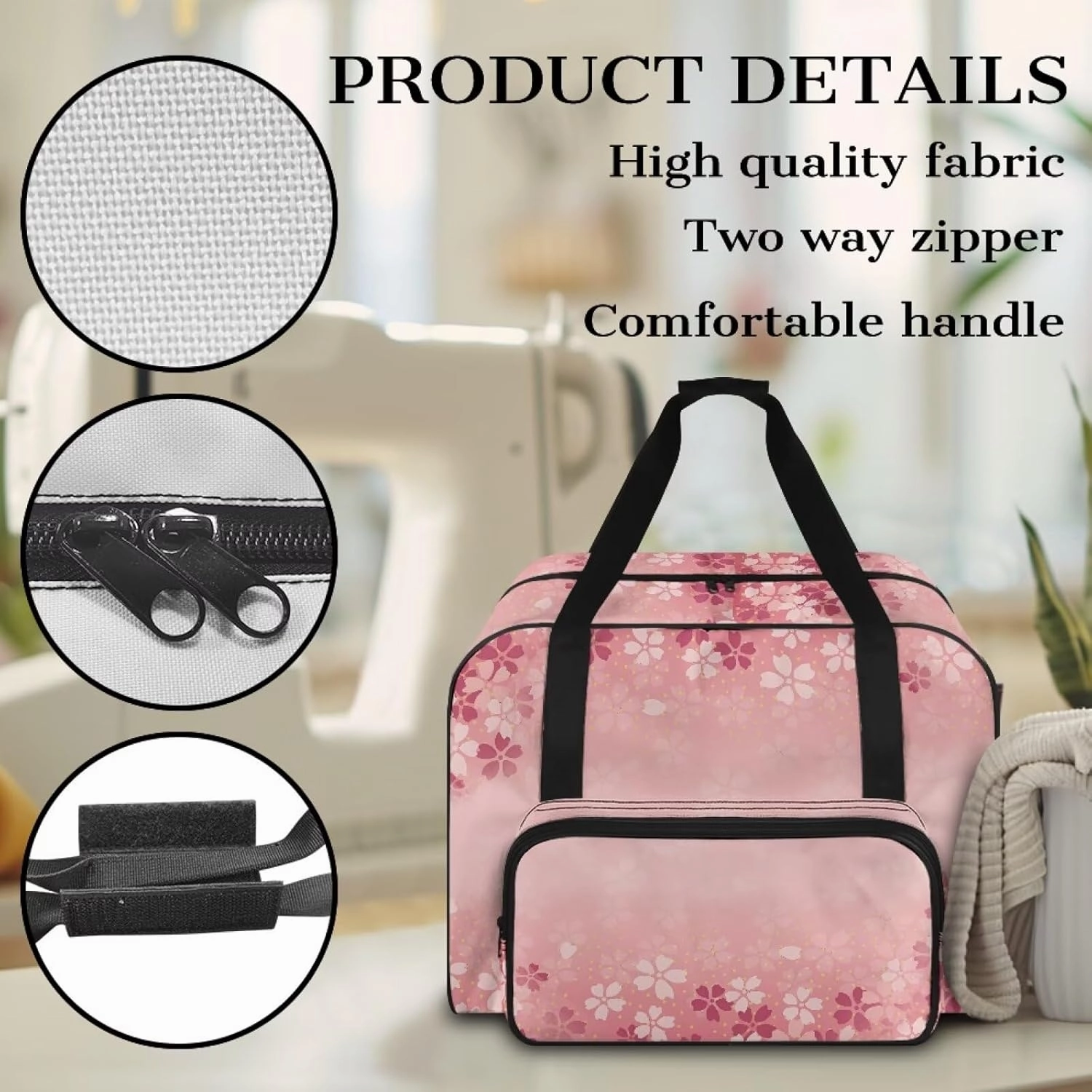 Cherry Blossom Sewing Machine Handbag Two Way Zipper Carrying Travel Storage Carrier Sewing Bag with Handle Sewing Box Storage Bag Compatible with Most Standard Singer, Brother