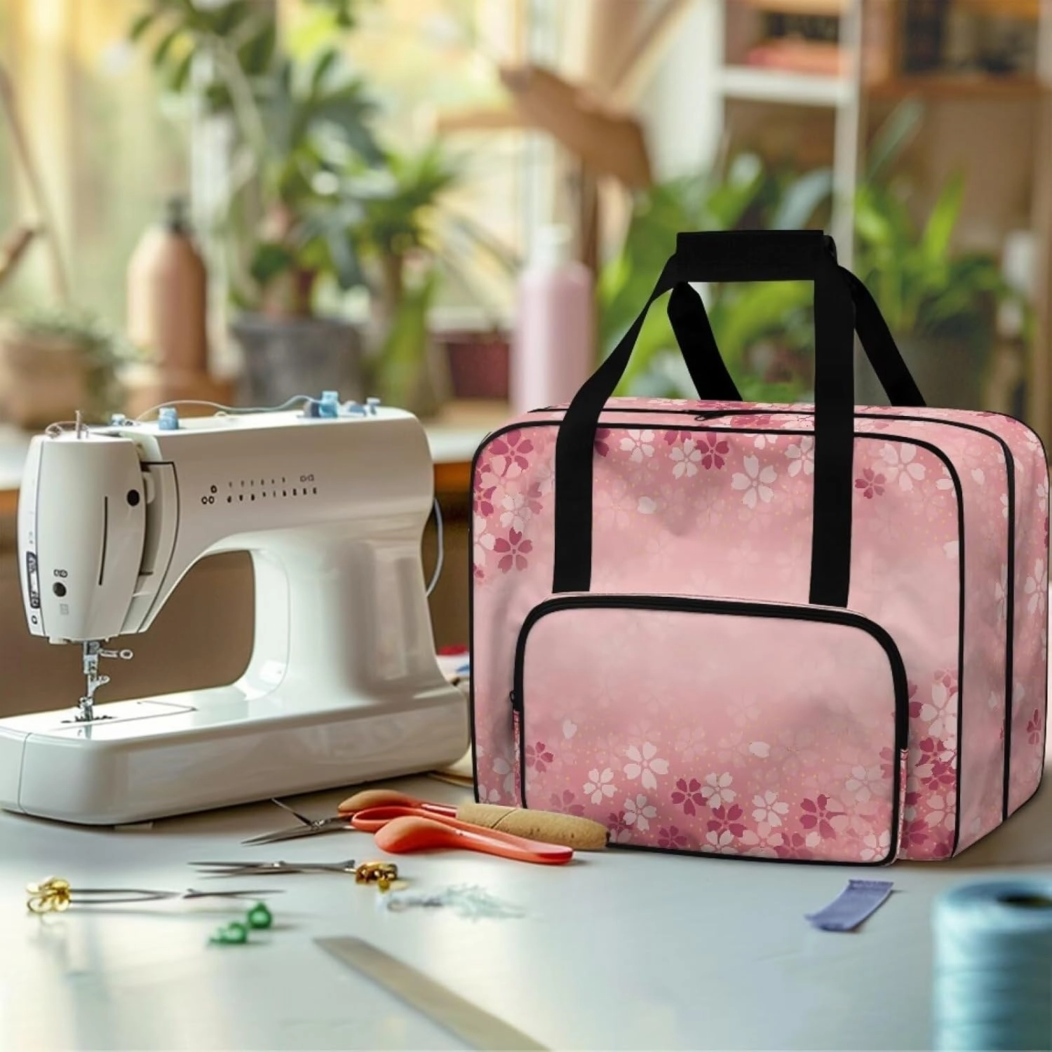 Cherry Blossom Sewing Machine Handbag Two Way Zipper Carrying Travel Storage Carrier Sewing Bag with Handle Sewing Box Storage Bag Compatible with Most Standard Singer, Brother