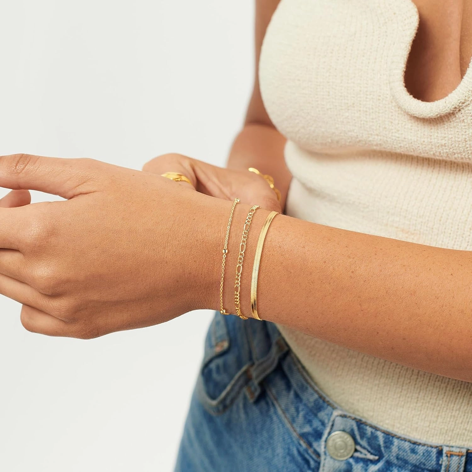 CHESKY Gold Bracelets for Women, 14K Gold Plated Bracelet Sets for Women Trendy Dainty Thin Stackable Box Dot Link Paperclip Chain Bracelet Pack Fashion Waterproof Accessories Jewelry Gifts for Women