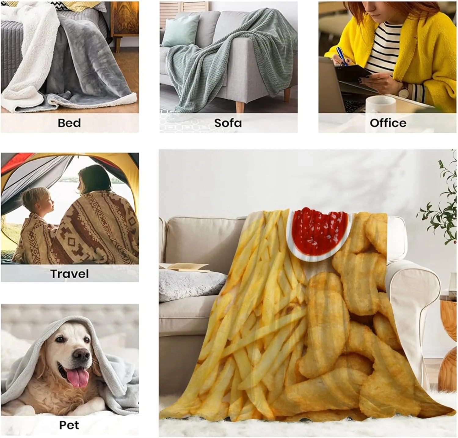 Chicken Nugget and Fries Blanket,Chicken Nugget and Fries Blankets Gift Soft Cozy Plush Bedding Blanket,Fuzzy Flannel Fleece Blanket for Couch Sofa Camping,60"x80"-Queen Size for Adults