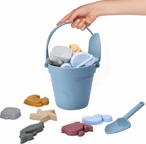 CHILDLIKE BEHAVIOR Silicone Baby Beach Toys - 10x10-Inch Travel Friendly Beach Toy Set - Durable Sandbox Toys - Kids Sand Toys Set Includes Sand Bucket, Shovel, and 6 Animal Shaped Sand Molds