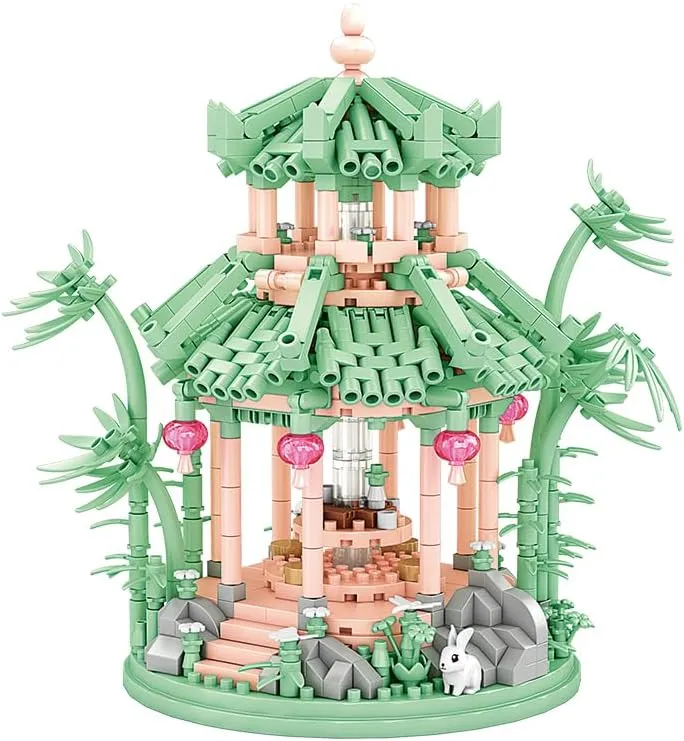 Chinese Traditional Pavilion Building Block Set, 1238 Pieces, ABS Material, 8  Years, Green and Pink Pagoda with Bamboo Pavilion Design,5.39 x 5.12 x 3.54 in