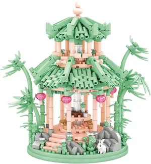 Chinese Traditional Pavilion Building Block Set, 1238 Pieces, ABS Material, 8  Years, Green and Pink Pagoda with Bamboo Pavilion Design,5.39 x 5.12 x 3.54 in